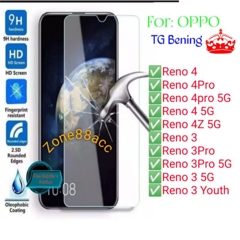 Oppo Reno 4 4Pro 4Z 3 3Pro Youth Pro Antigores Bening Tempered Glass Screen Guard protector TG