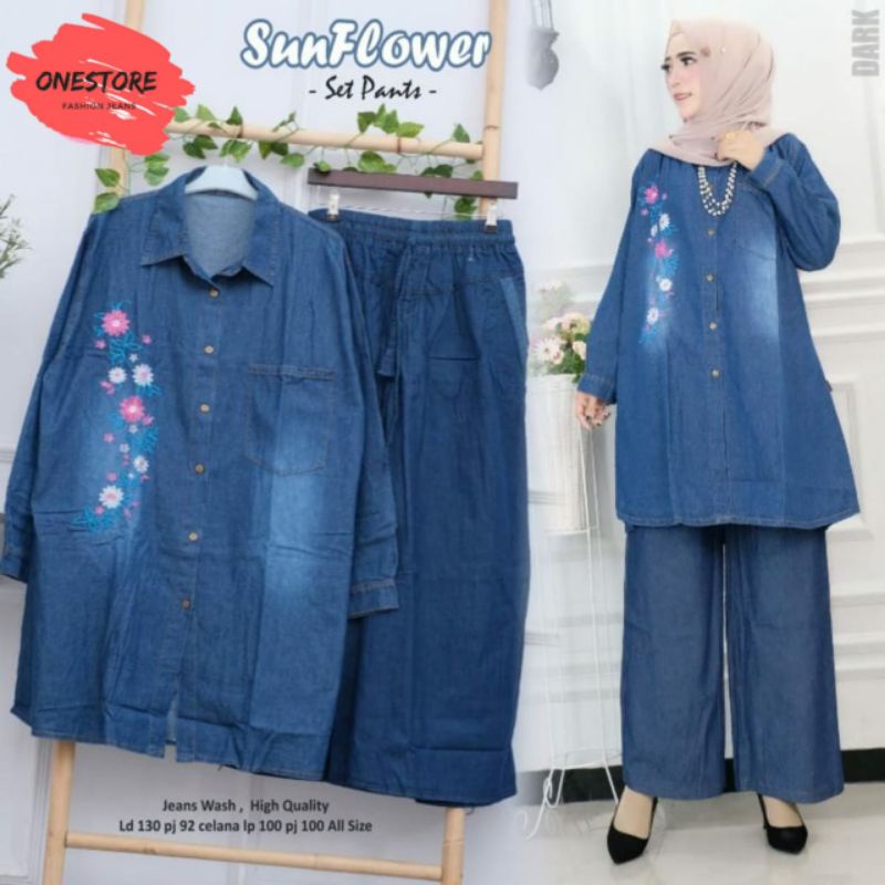 sunflower set jumbo tunik dan celana/setelan jeans jumbo xxxl/fashion wanita jumbo/setelan tunik jea
