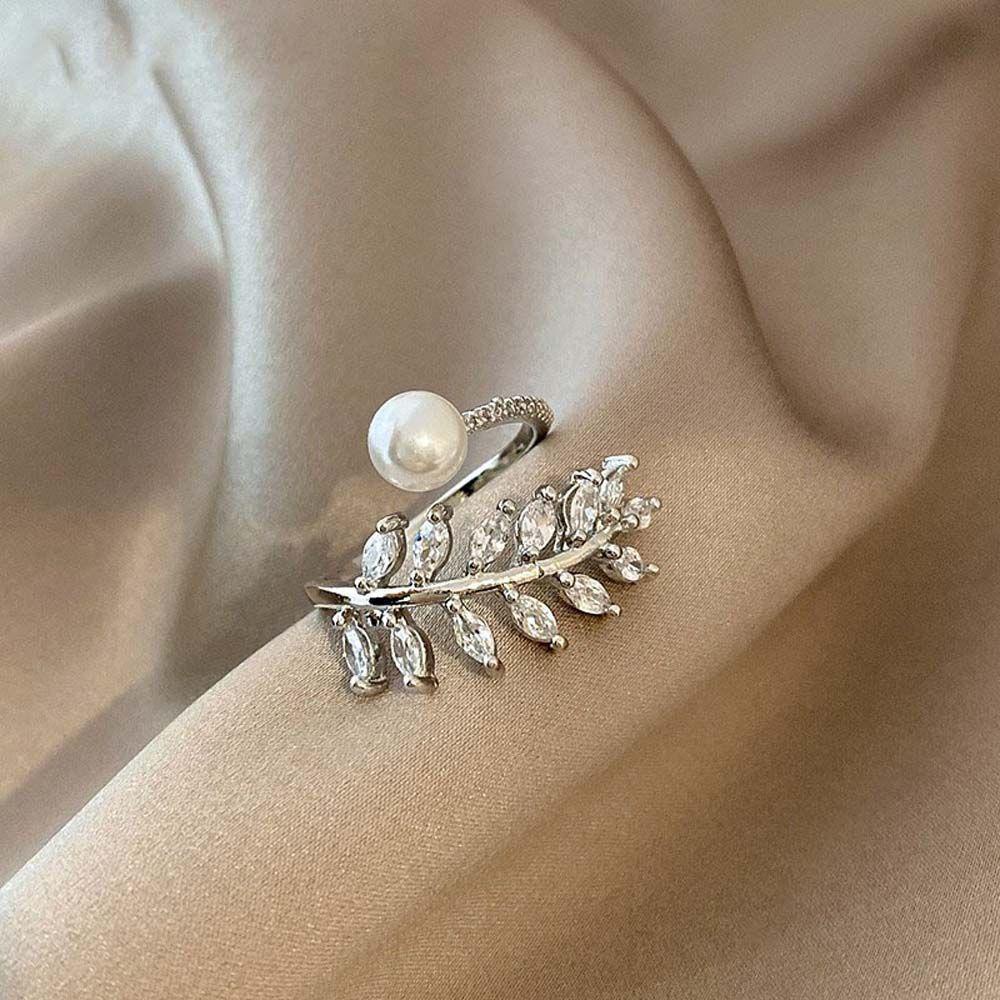 Mxbeauty Cincin Wanita Model Terbuka Desain Geometri Hias Zircon + Mutiara Gaya Korea / Romantis Untuk Pernikahan