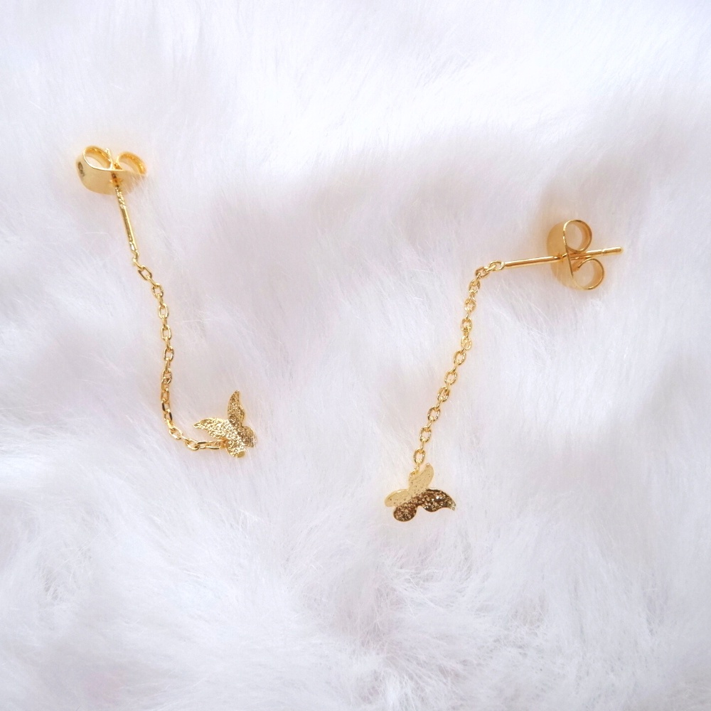 Alenza Tiny Butterfly Drop Earrings - Anting Stud Gantungan Kupu Kupu Kecil Warna Emas dan Perak - A