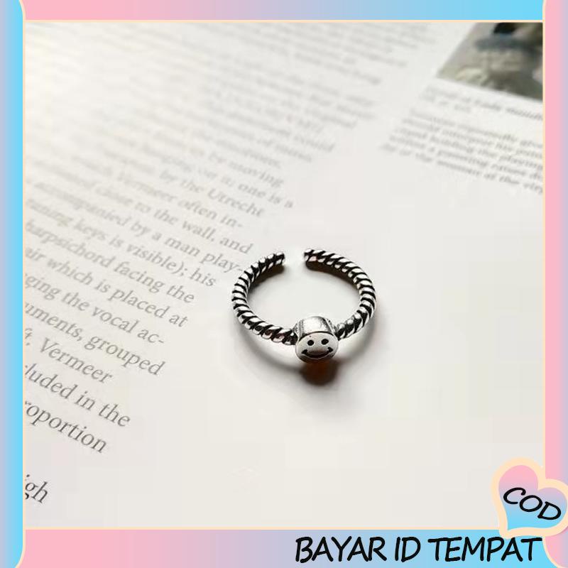 COD❤️ 2 PCS Retro Smiley Cincin Wanita Fashion Kepribadian Pembukaan Cincin Dapat Disesuaikan-A.one