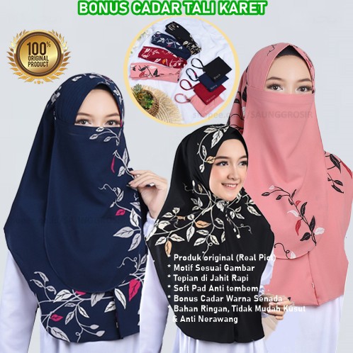 Khimar Hijab Motif Premium Bonus Cadar Tali Masker Karet Original