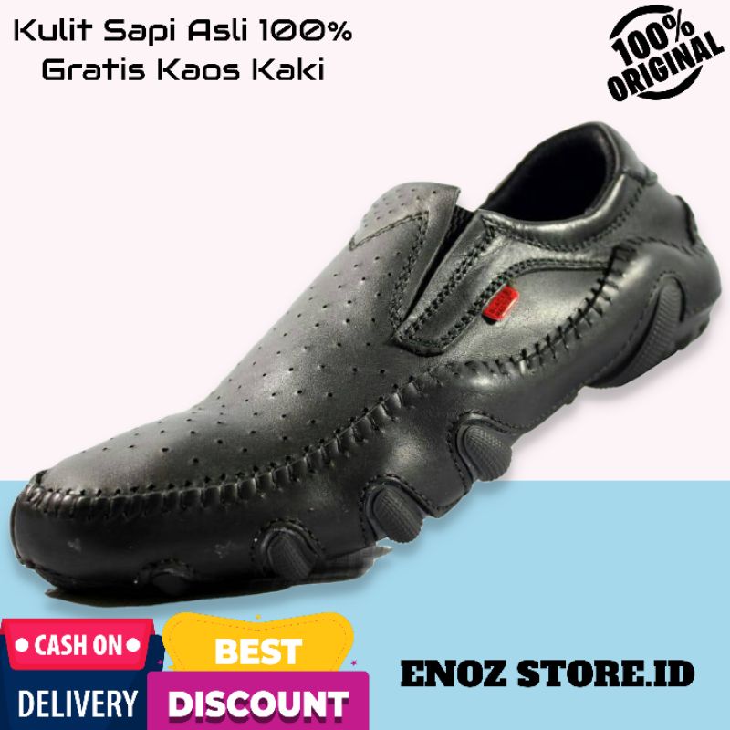 ENOZ X JOVIC - Sepatu Slop Pria Kulit Asli Kasual Original Slip On Moccasin Modis Formal Kerja Murah Ringan Nyaman Sol Jahit Keliling