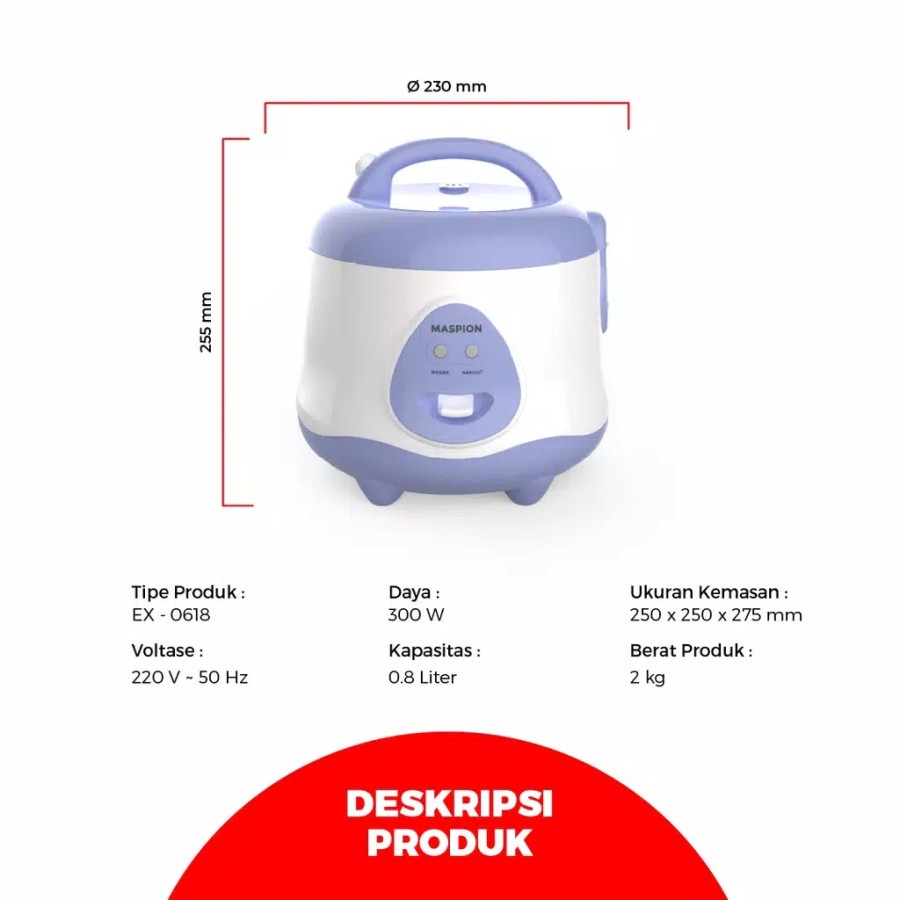 Maspion Magic Com Rice Cooker 3in1 0,8 Liter  EX 0618 EX0618 Penanak Pengukus Penghangat Nasi Makanan