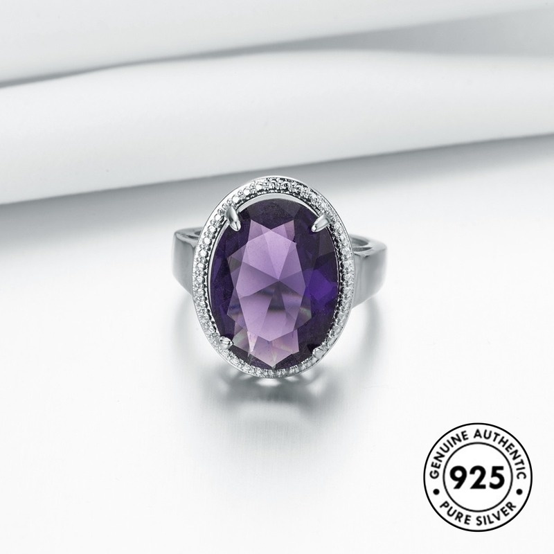 Cincin Silver S925 Hias Batu Permata Amethyst Besar Elegan Untuk Wanita