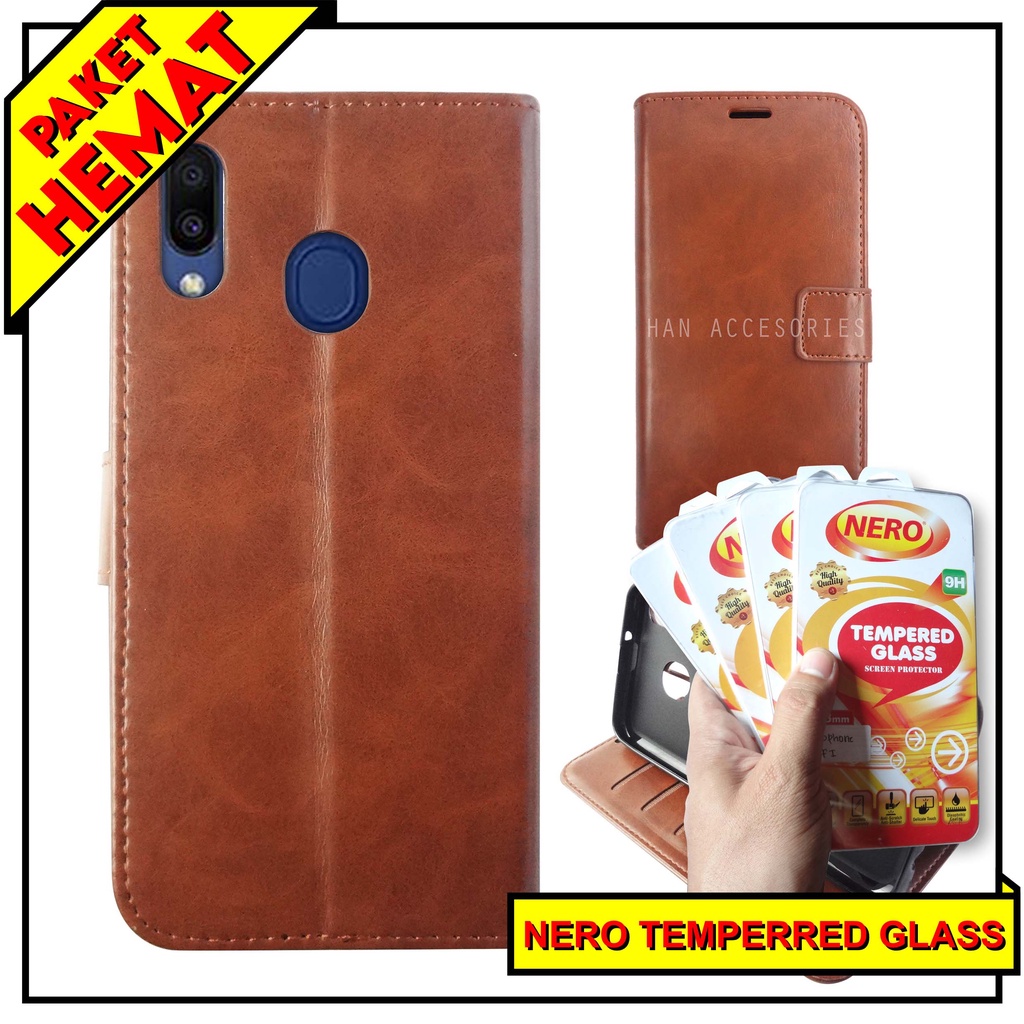 (PAKET HEMAT) Fashion Selular Flip Leather Case Samsung Galaxy M20 Flip Cover Wallet Case Flip Case + Nero Temperred Glass