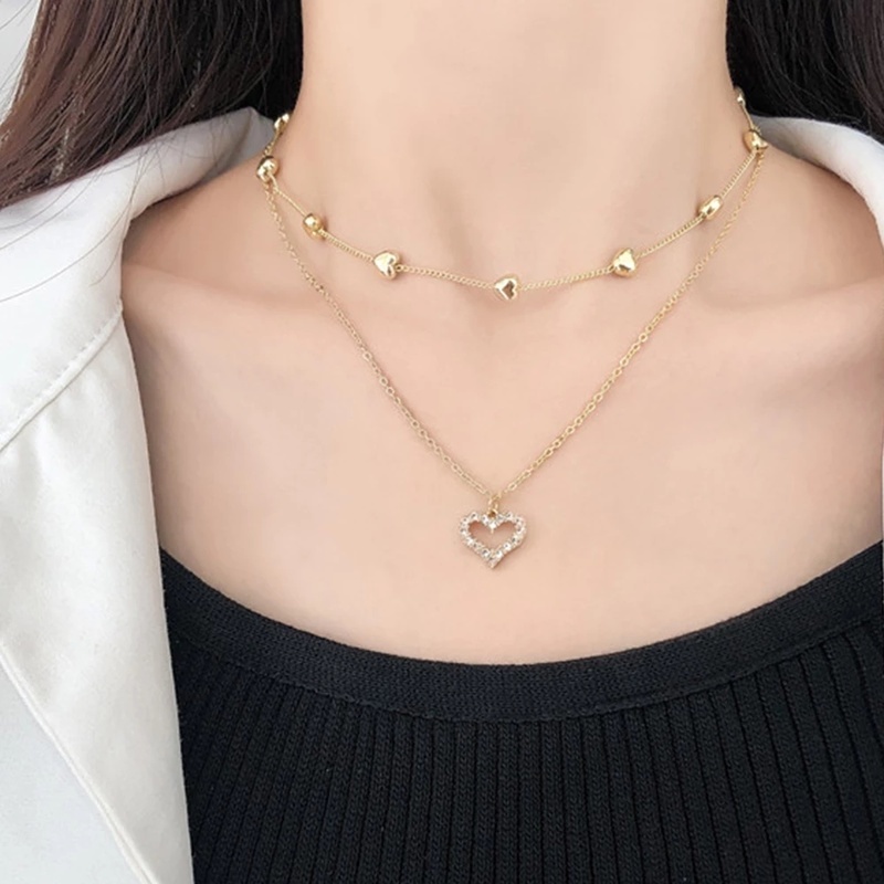 Kalung Choker Rantai Klavikula Liontin Hati Lapisan Ganda Bahan Alloy Untuk Wanita