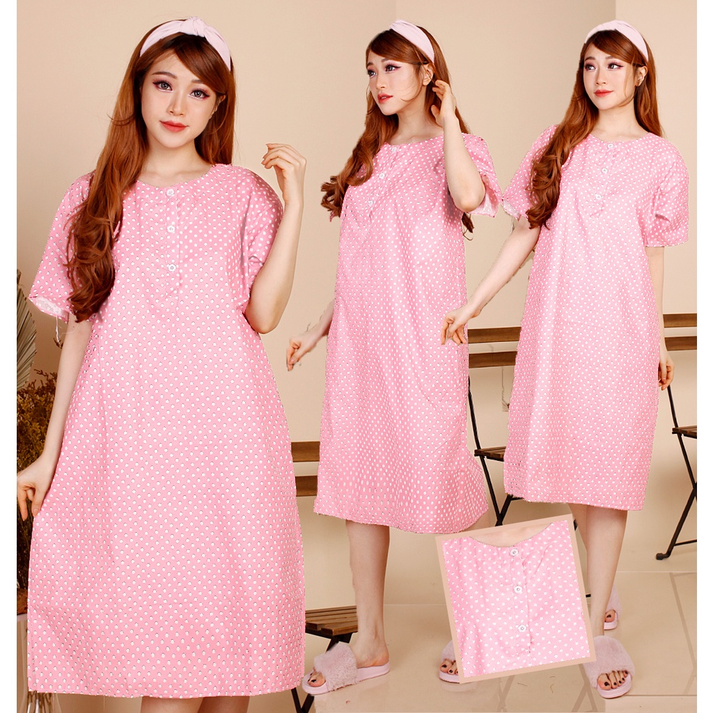 Daster JUMBO XXL Batik, Motif Acak / Campur, Leher Kancing Bumil Busui , Batik Warna-DJR Polka Pink