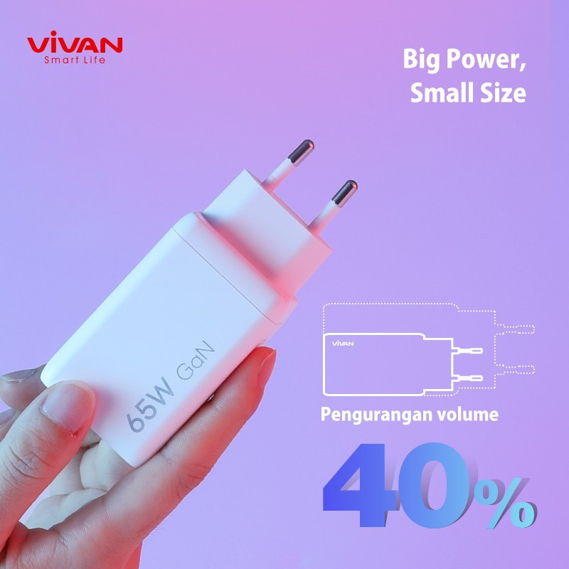 Charger VIVAN GaN01 65W 5A 3 Output PD QC3.0 QC4.0 Port Quick Charge - Garansi Resmi 1 Tahun