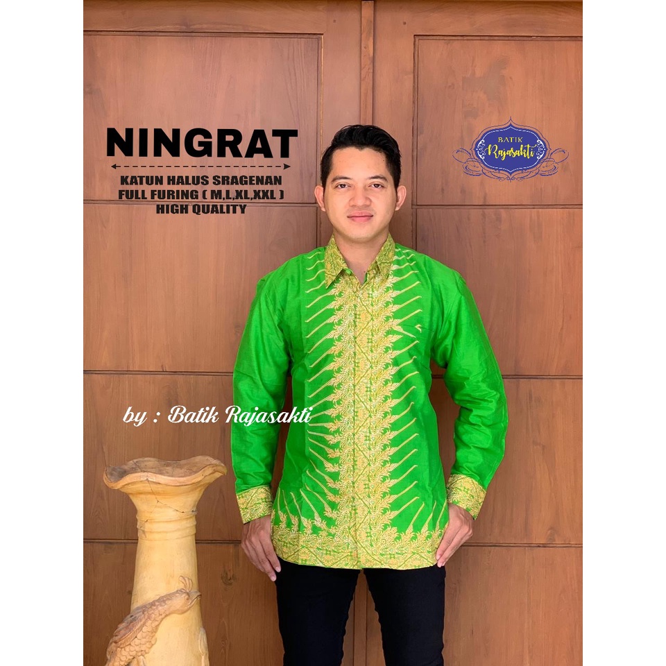 BAJU BATIK PRIA MOTIF NINGRAT LENGAN PANJANG PENDEK PREMIUM HIJAU MUDA CERAH SEMANGAT SOLO ASLI BATI