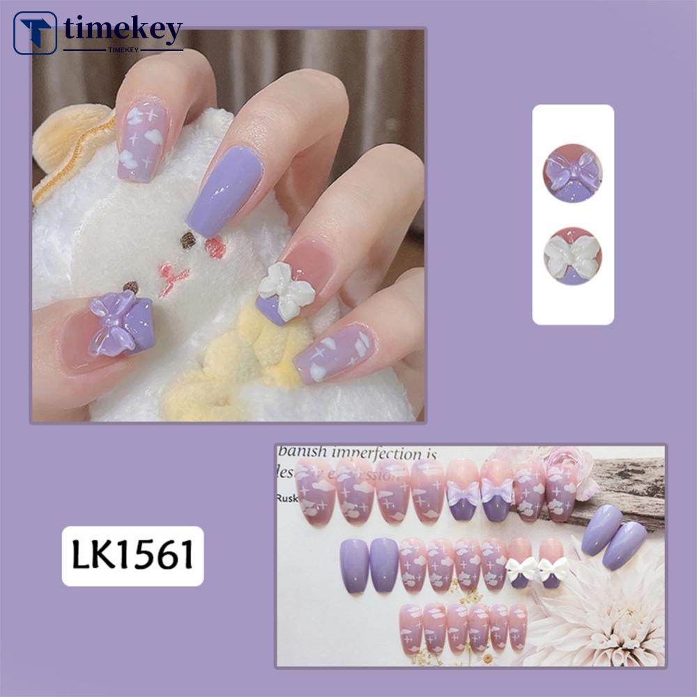 Timekey 24pcs / set Kuku Palsu Panjang Desain Pita Bisa Dilepas Untuk Manicure / Nail Art A7K9