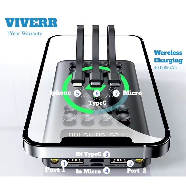 Powerbank VIVERR WIRELESS CHARGING universal GADGET Kapasitas 40.000 mAH Original Fast cahrging garansi 1 Tahun.