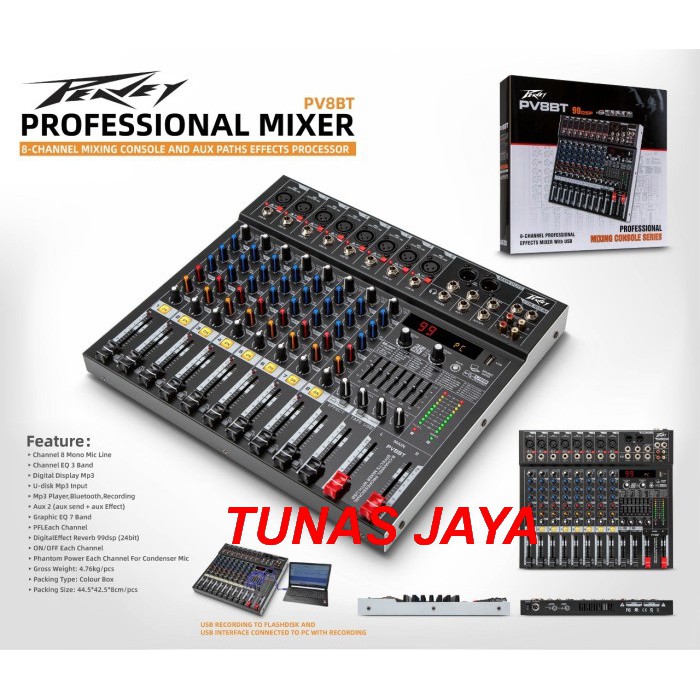 Mixer Peavey PV8BT 8 channel Soundcard PC Recording Bluetooth Equlizer