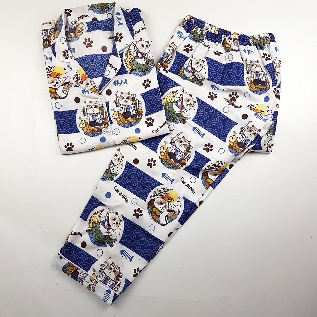 Baju Tidur Piyama Wanita Dewasa Setelan CP Motif Trendy-CPL CAT JAPAN NAVY