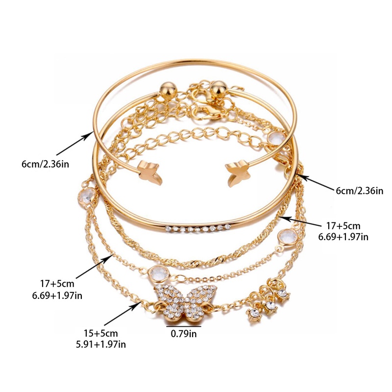 5pcs / Set Gelang Model Terbuka Desain Kupu-Kupu Hias Berlian Gaya Korea Bohemian Retro