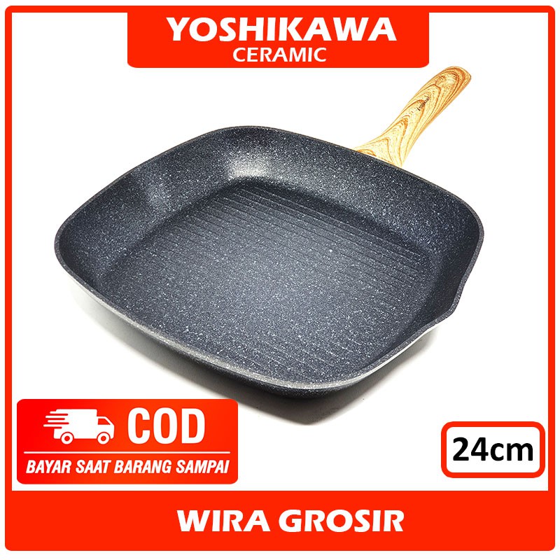 Yoshikawa Frying Grill Pan Keramik Tanpa Minyak 24cm | Pemanggang Bbq Anti Lengket | Wajan Marble