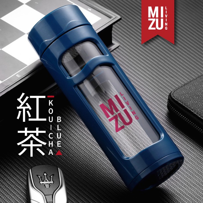 KOU-CHA Glass Water Bottle Botol Air Minum Kaca Tumbler 350ml Saringan Teh Infused Water BPA-Free-BLUE