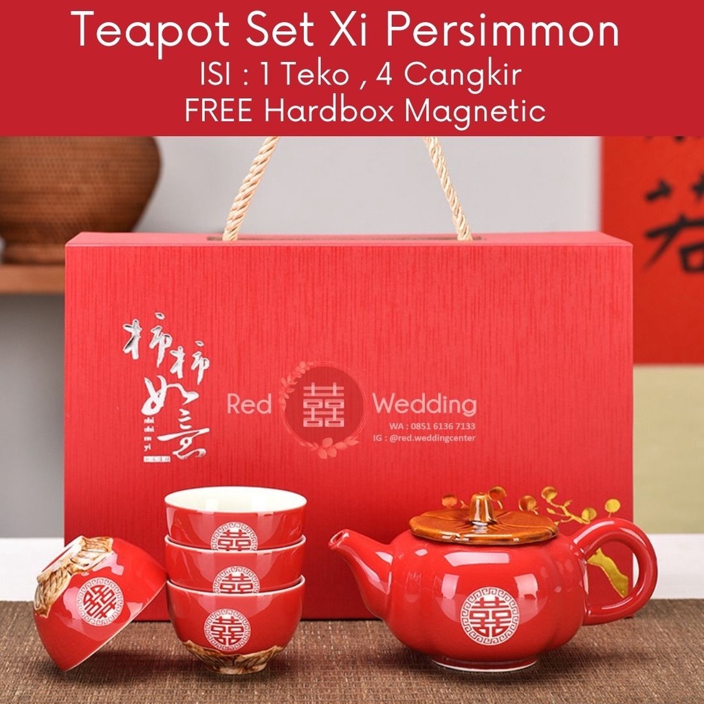 Persimmon Teapot Wedding Set 1 Teko 4 Cangkir dan Jar Keramik dengan Ukir Shuangxi untuk Sangjit Teapai FREE HARDBOX MAGNETIC