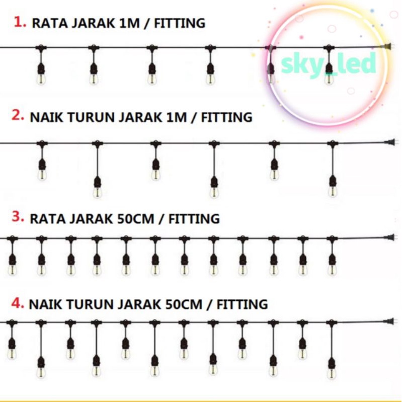 Kabel fiting lampu cafe gantung 10m 10 m dekorasi outdoor fitting / 10m 20fitting /10m 10fitting