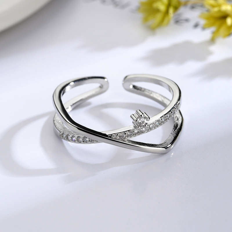 Korean Style Sparkling Diamond Cross Open Ring Women's Fashion Jewelry Engagement Gift