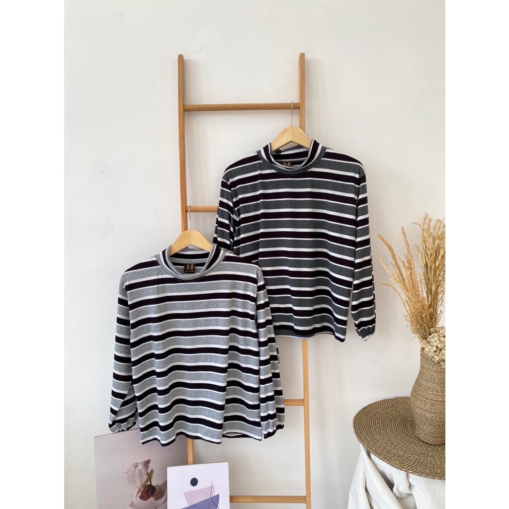 Kaos Stripe Salur Baju Wanita Garis Lengan Panjang Upneck