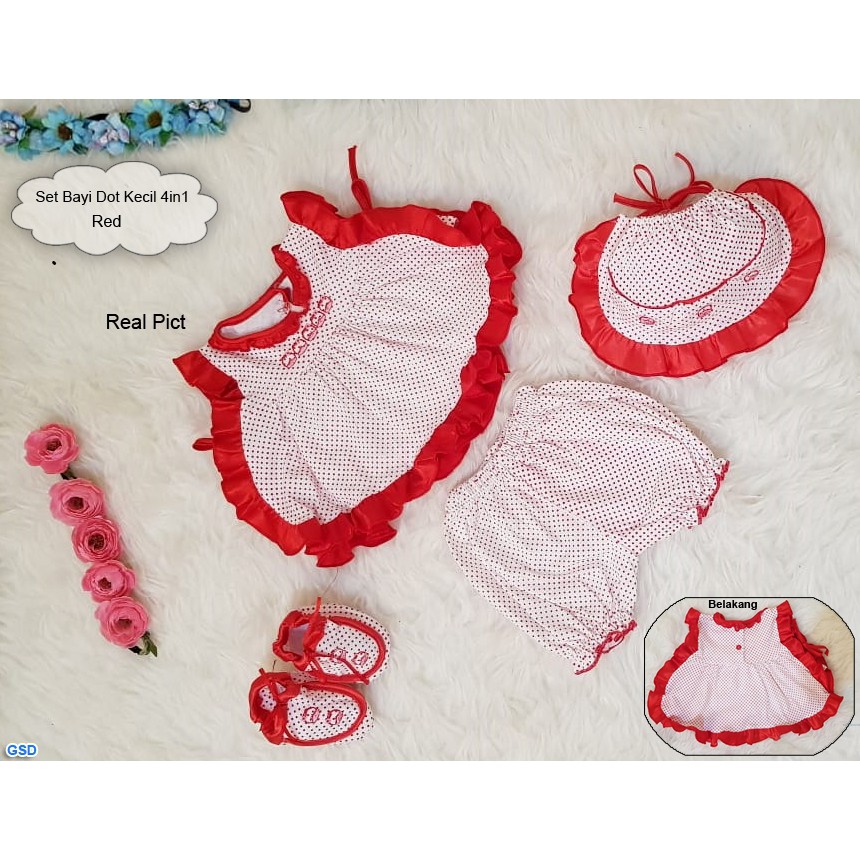 Set Bayi Dot Kecil 4in1/Setelan Baju Piyama Bayi 0-6 bln/Set Pakaian Baju Celana Sepatu Celemek Bayi