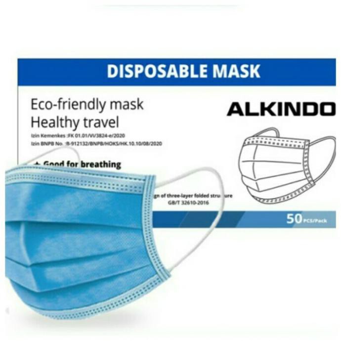 Masker Medis Alkindo 3 Ply 1 BOX isi 50 PCS Masker Medis Earloop - Biru, earloop