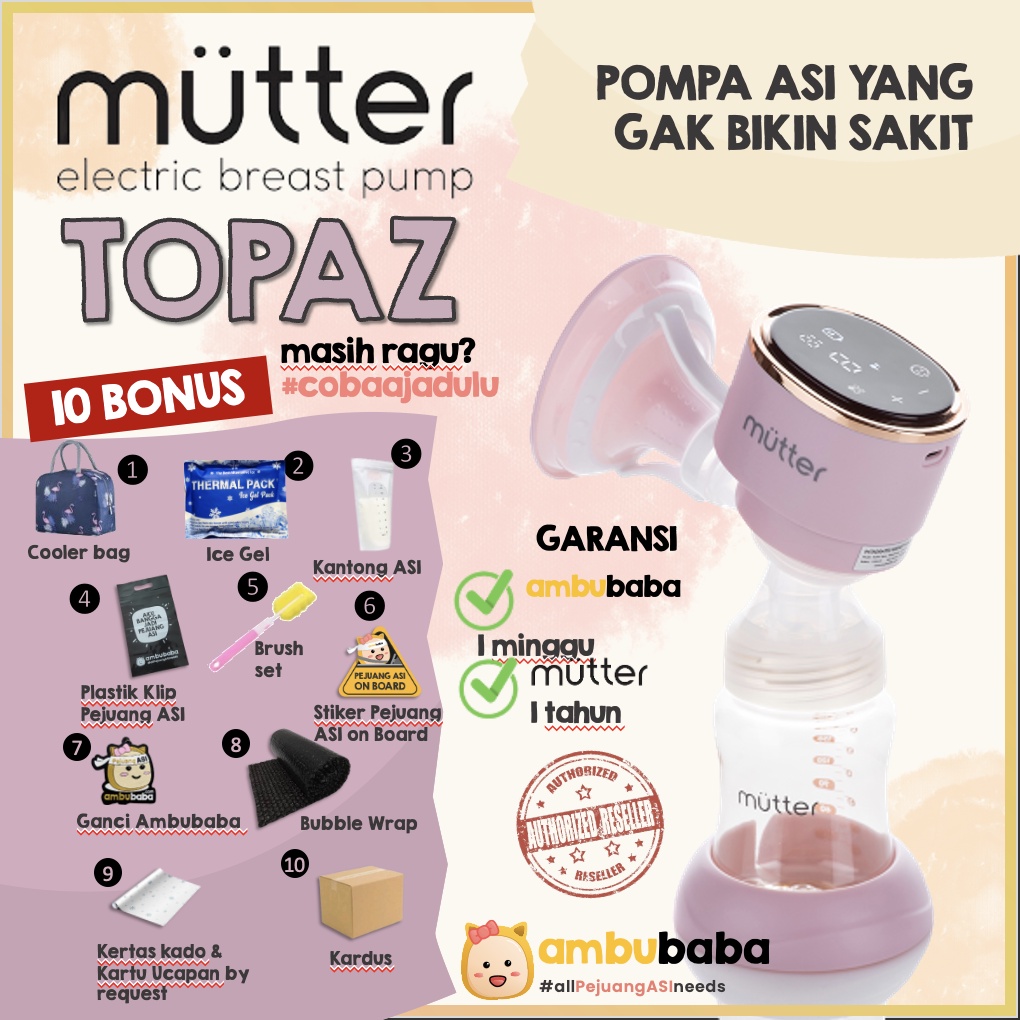 Mutter Topaz Integrated Single Electric Breast Pump Pompa ASI Elektrik Rechargeable Handsfree