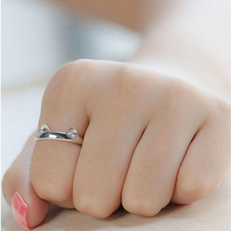 Perhiasan Cincin Lapis Silver Desain Telinga Kucing Lucu Adjustable Untuk Wanita