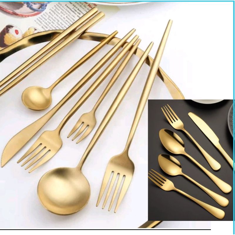 Jual Aveline Sendok Garpu Stainless Steel Tebal Gold Sendok Makan Gold Set Alat Makan Korea 3273