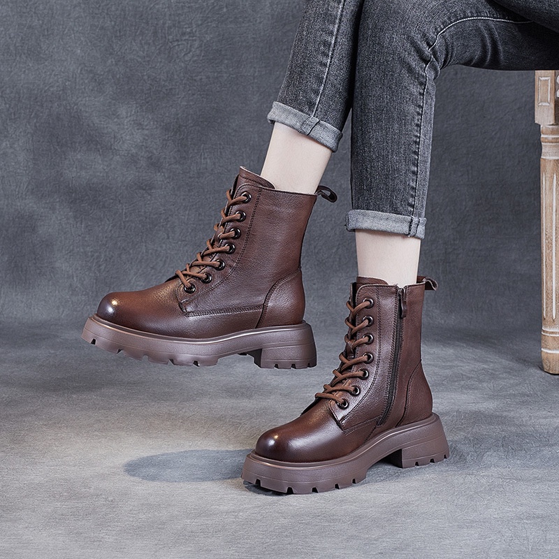 Martin Boot Cewek Wanita Dr. Martens Sepatu Wanita 2021  Plus Beludru Kulit Asli Tengah Sepatu Retro