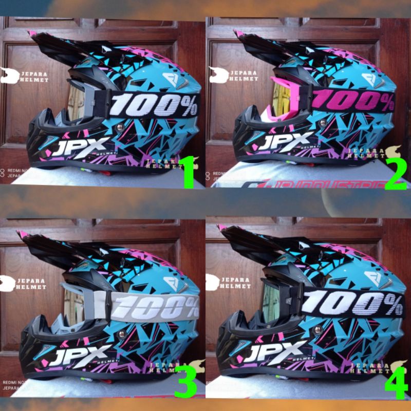 Helm JPX Cross Fox1 Motif X33 Lattice Blue Biru Gloss plus Kacamata goggle google 100 | Helm JPX Cro