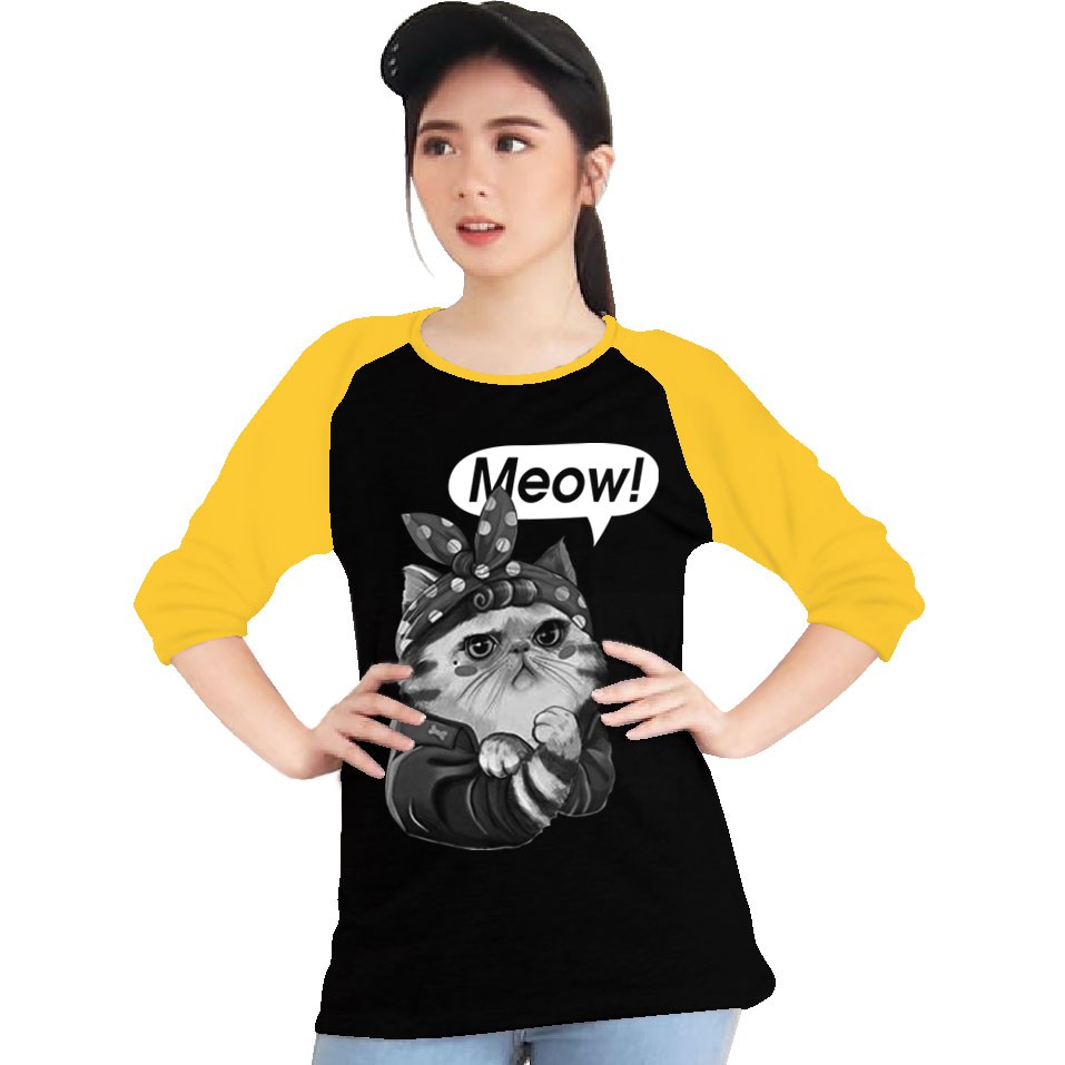 Kaos Raglan (MEOW)/Kaos Wanita Lengan 3/4/ Kaos Wanita/ Kaos Cowok/ Kaos Oblong/Misty