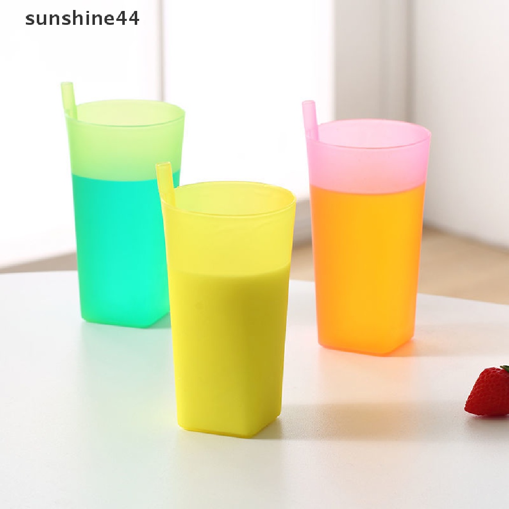 Sunshine 1pc Gelas Minum Dengan Sedotan Built in Warna Polos Untuk Bayi / Anak