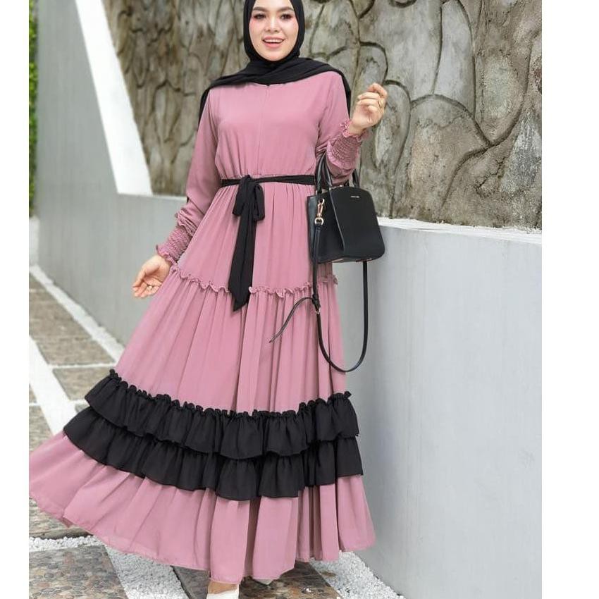 Lagi Tren.. Rayola Basic Long Dress - Gamis Syari Mewah Model Sultan Rempel Susun Dewasa Atau Ibu Ib