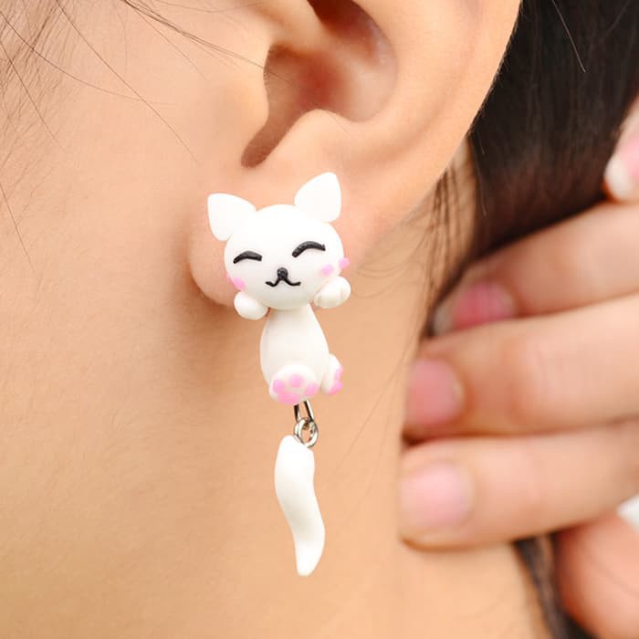 anting kucing smile putih lucu kawaii - tusuk plastik barang berkualitas