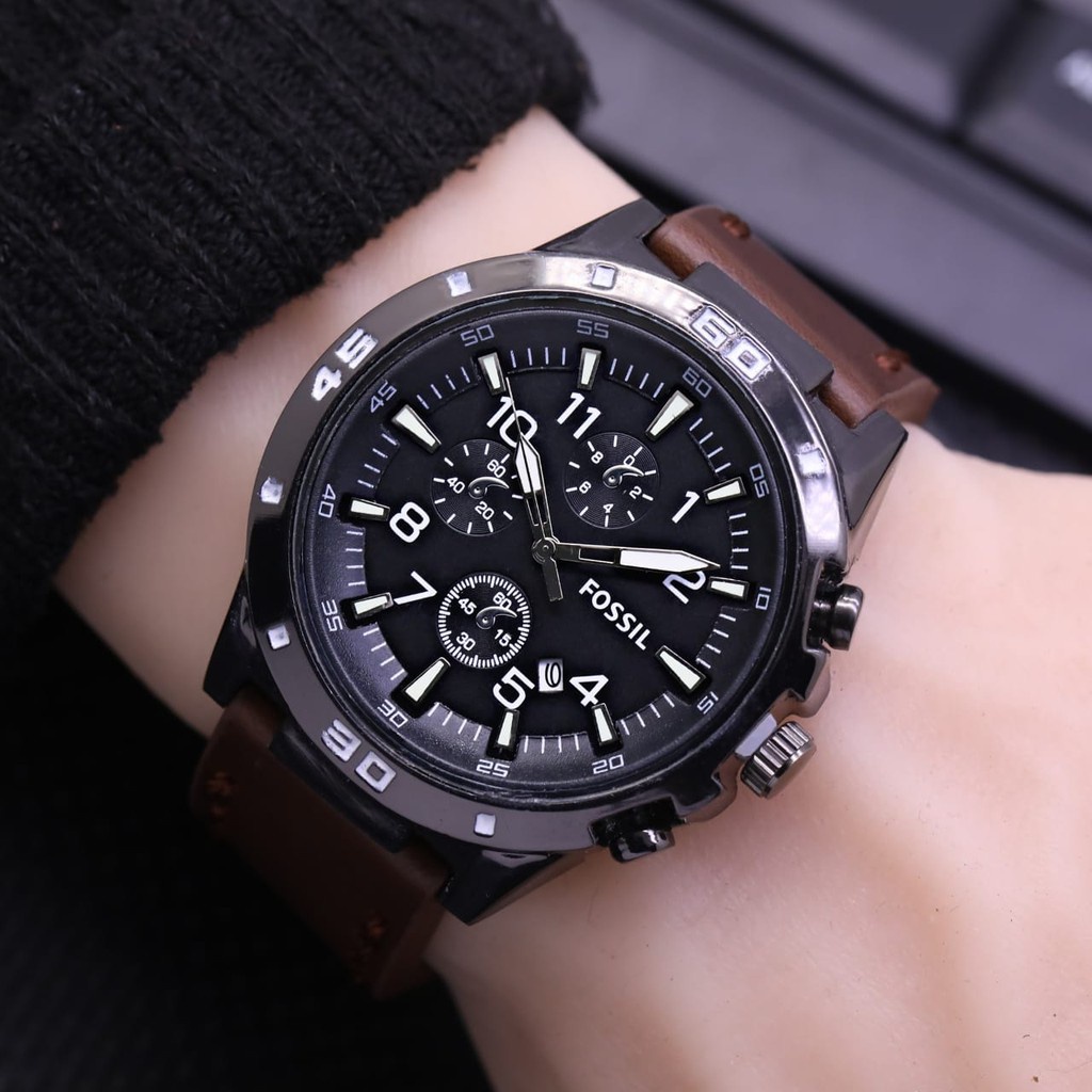 Jam Tangan Pria Fashion L4805S Tali Kulit Tanggal Aktif Chrono Variasi Free Box &amp; Baterai