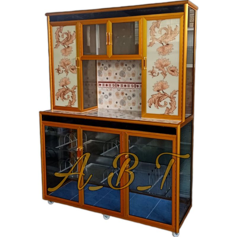 lemari dapur rak piring alumunium kaca premium jumbo gold kaki roda