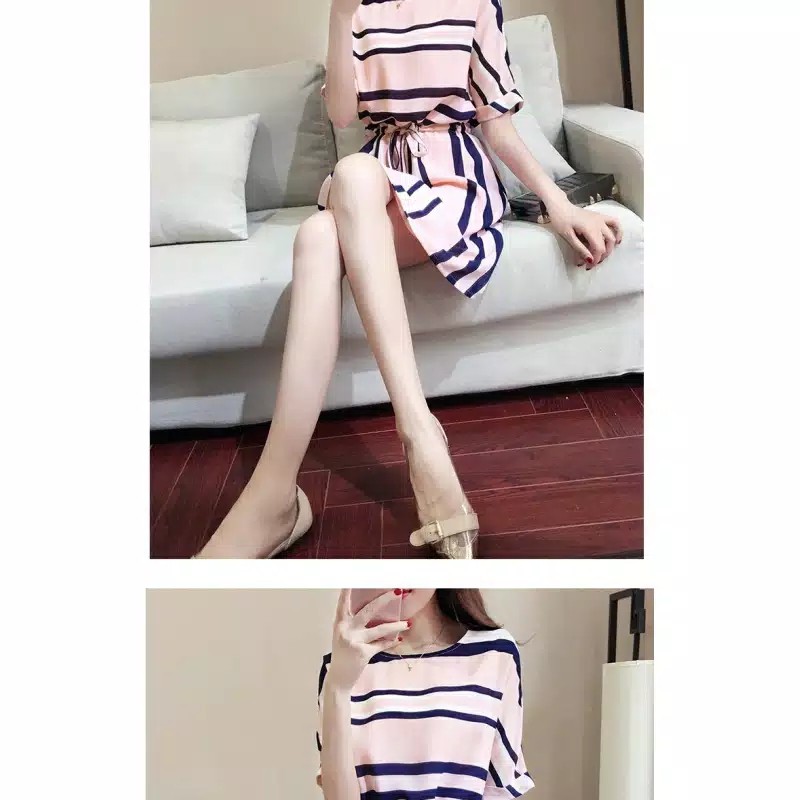 TBI Import Elegant Style Dress M-XXL Stripe Pink Baju Model Korean Style