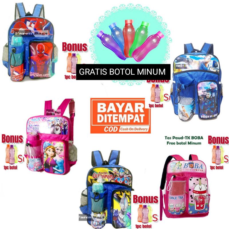Tas Ransel Sekolah Anak Paud Anak TK Free Botol minum Laki-Laki prempuan Gambar Kartun