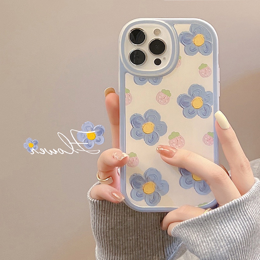 Soft Case Pelindung Motif Bunga Strawberry Biru Muda Untuk Iphone 7 8 PLUS X XR XS 11 12 13 MINI PRO MAX SE 2020