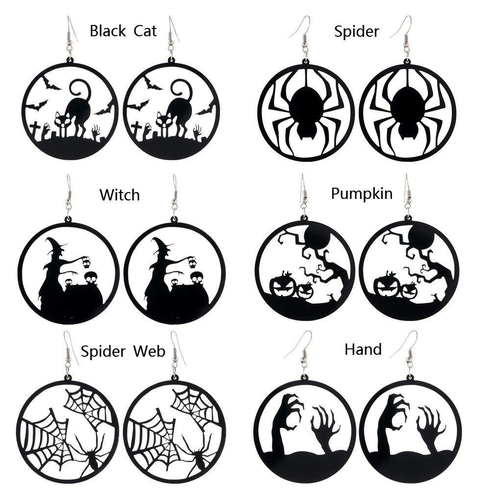 Lily Halloween Drop Earrings Hadiah Pesta Bulat Kucing Hitam Labu Spider Tangan Hallowmas Kostum Cosplay