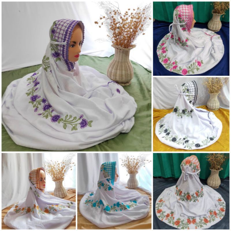 LUNA Mukena Dewasa Bordir Motif lajuran Putih Kotak Semi Sutra Mukenah remaja Lajuran terusan Murah 