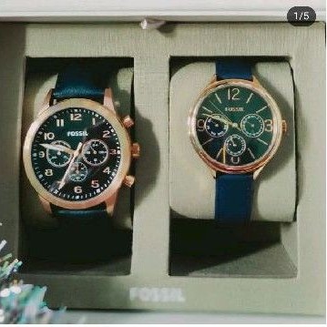 JAM TANGAN FOSSIL COUPLE BQ2186 CHRONOGRAPH NAVY LEATHER WATCH GIFT SET ORI
