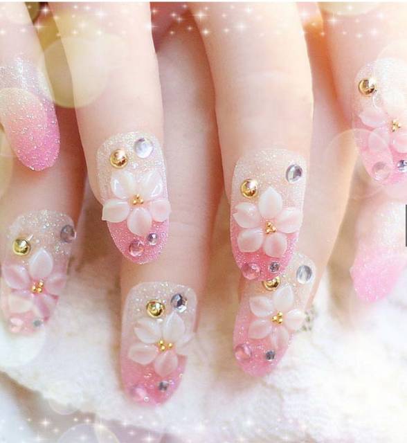 Nail art - 24 pcs bunga putih pink bertabur berlian  imitasi