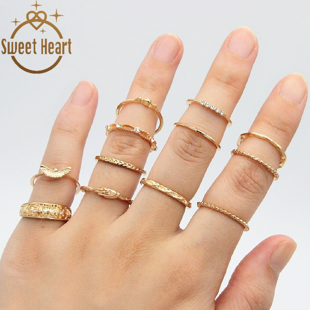 Boho Geometric Gold Ring Rhinestone Joint Tail Ring for Women Charm Jewelry