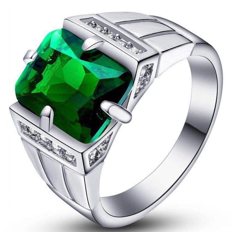 Sapphire Cincin Pria Bahan Titanium Steel Warna Silver Hias Batu Permata Emerald Kristal Sapphire Untuk Pernikahan