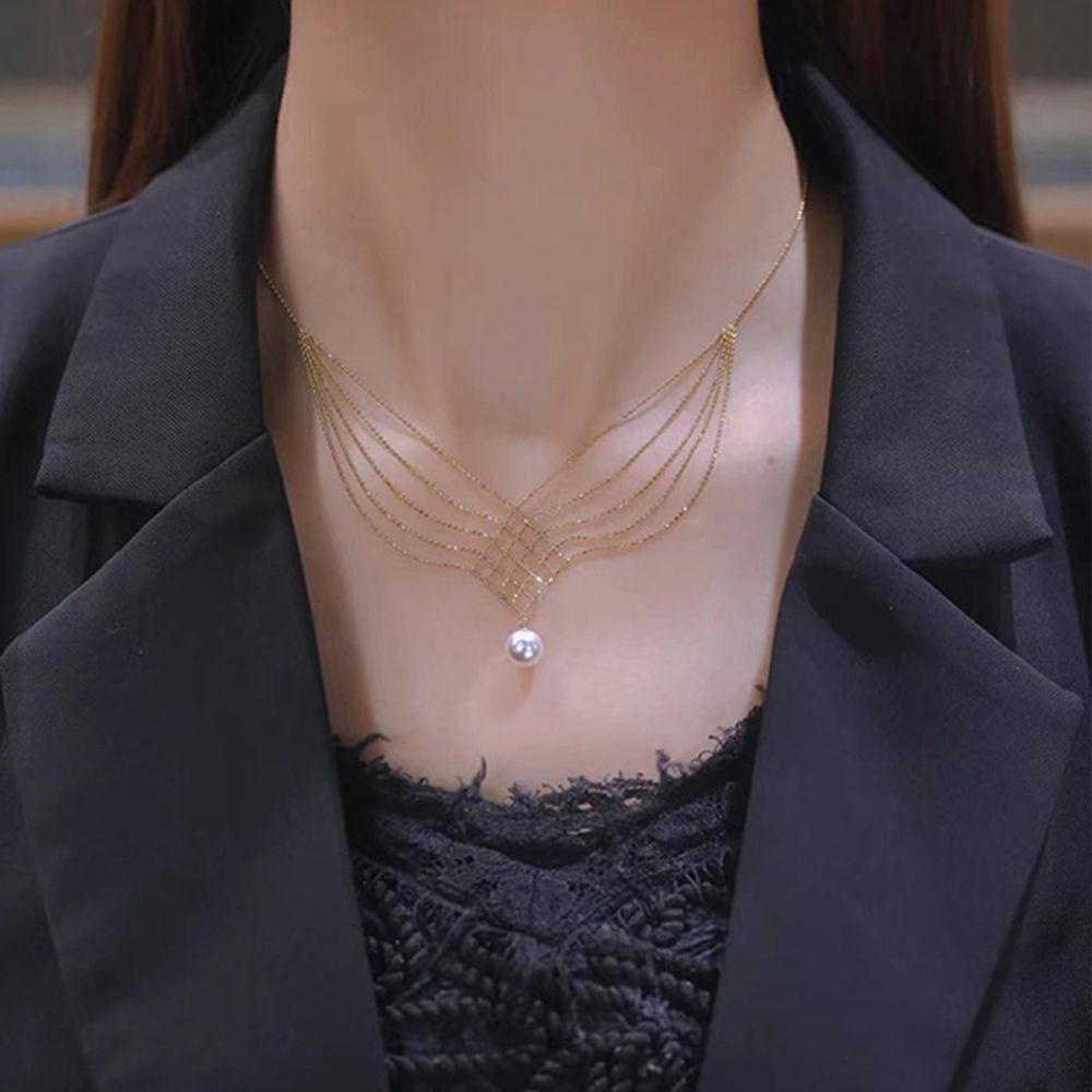 Agustina Kalung Korea Trendi Elegan Hadiah Untuk Perempuan Multi Layer Manik-Manik Rantai Leher Perhiasan