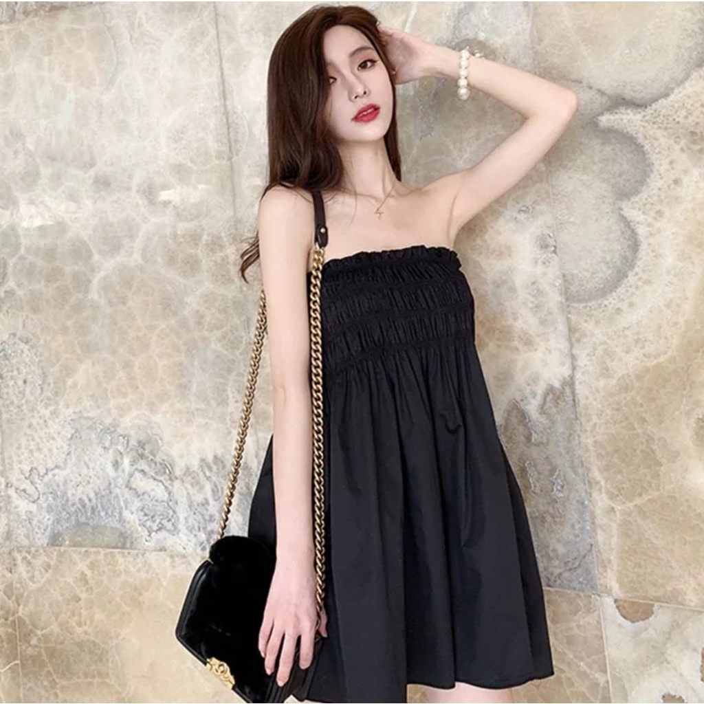 Semi Dress Kerut Tengah Tali Bahu Wanita Bahan Adem 847