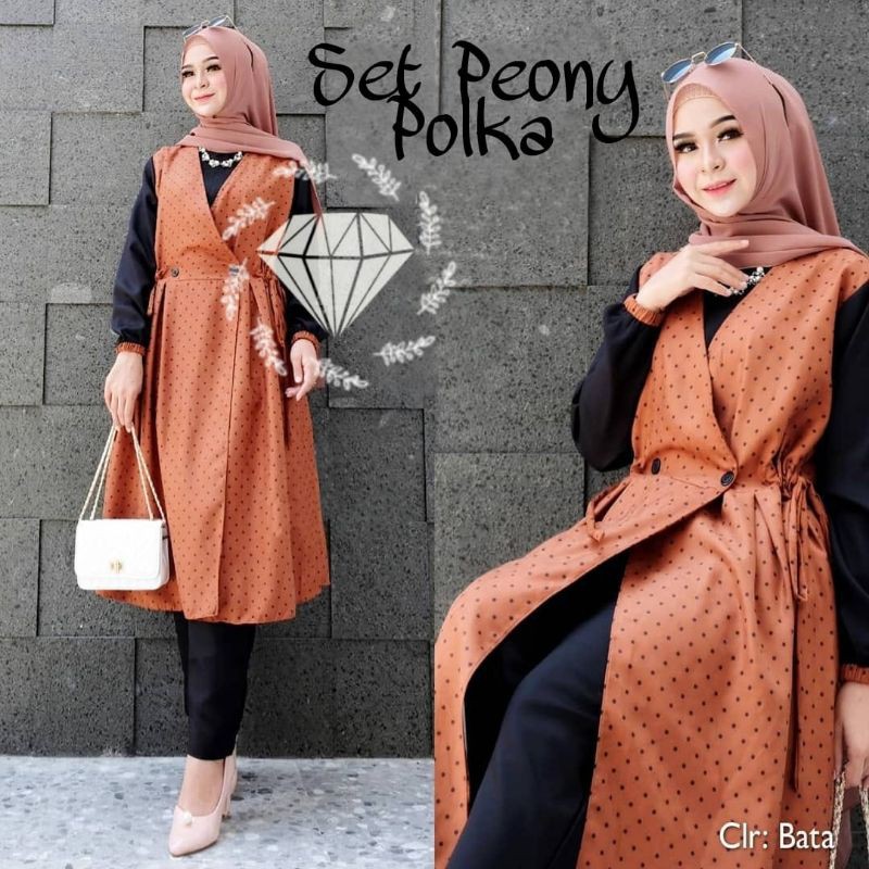 SET CELANA PEONY POLKA, CODORAY, GAMIS HIJAB MUSLIM, SETELAN